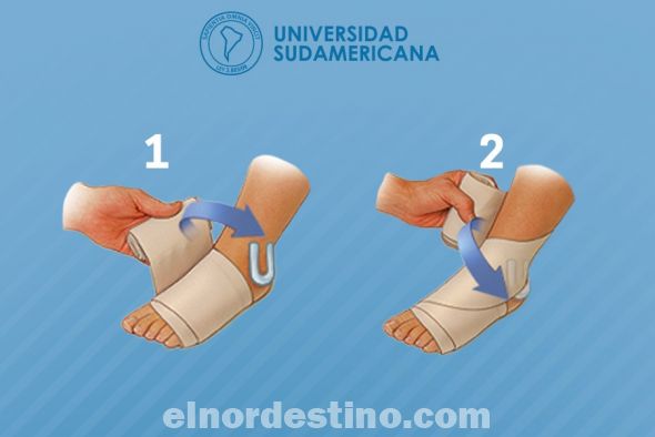 Un vendaje compresivo se usa para prevenir la hinchazón. No sostiene el tobillo ni impide que se mueva, de modo que no le protege sino que le recuerda que debe cuidarse el tobillo. (Imagen: Fanpage de Facebook de Universidad Sudamericana).